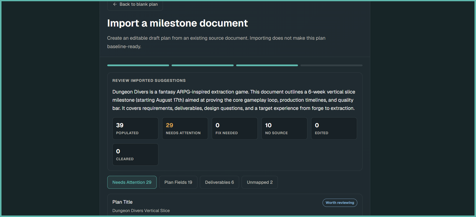 DriftWarden screen showing a milestone being structured, with AI-surfaced questions about ambiguous acceptance criteria awaiting producer review.